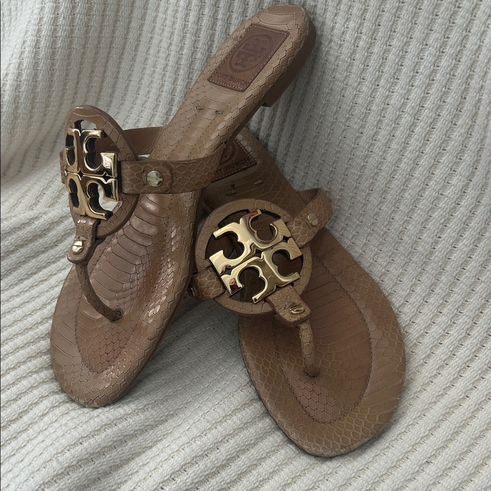 Tory Burch Brown Sandals with Gold Logo